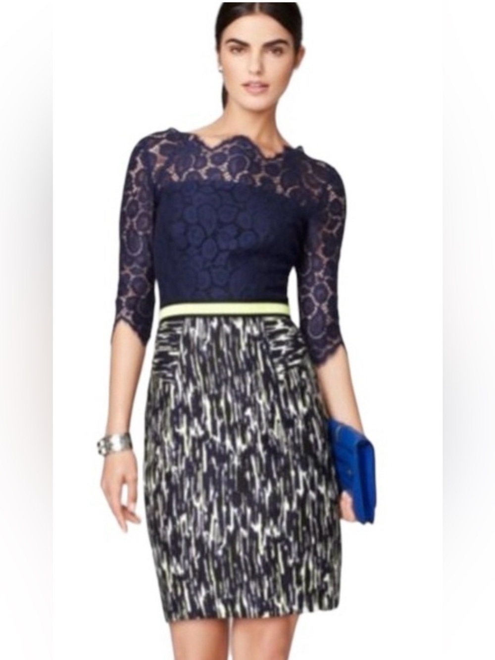 Milly of New York Simone Navy Lace-Top Patterened Silk Mini Dress Sz 4